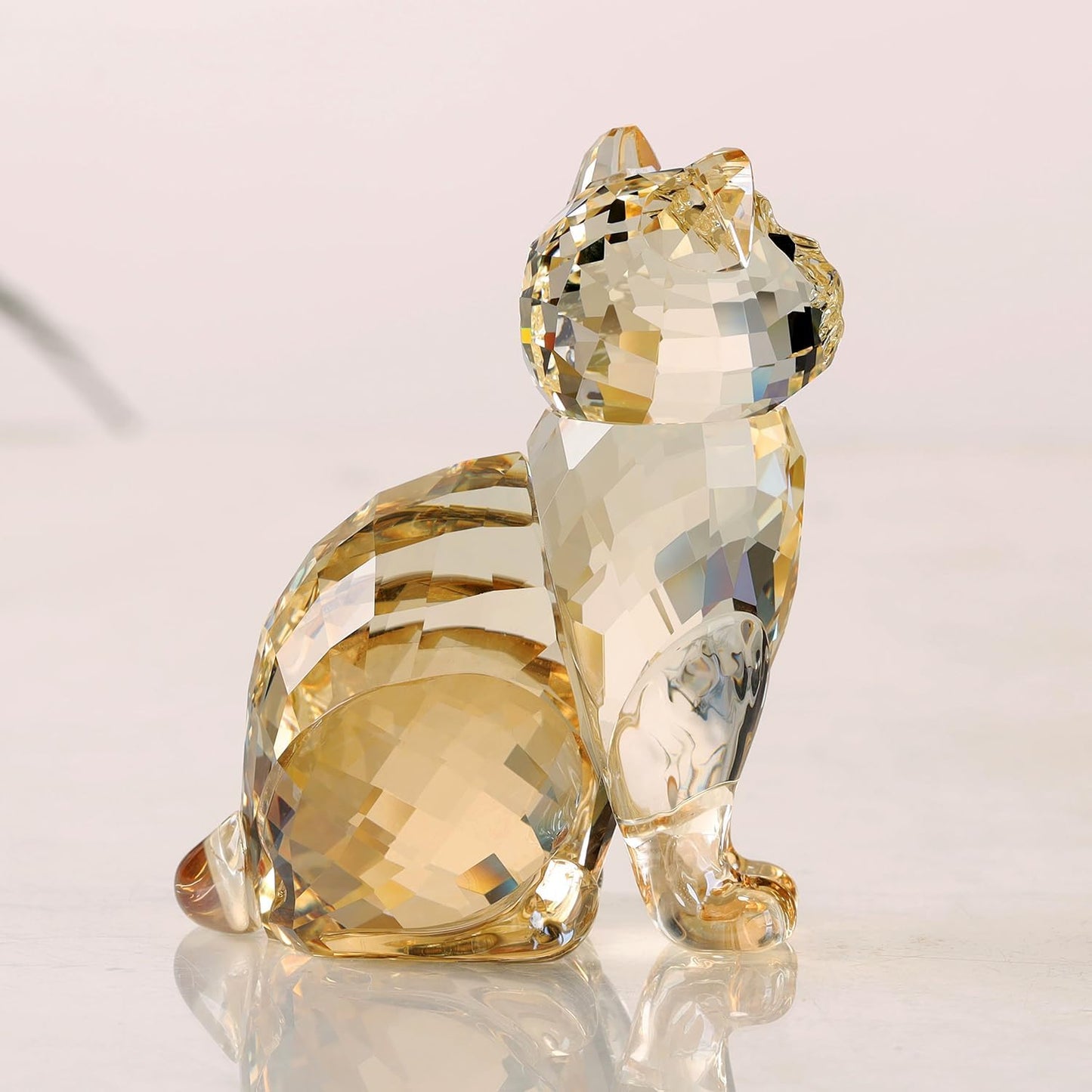 Crystal Cat Realistic Animal kitten Art Figurine Collection Table top Ornament Statue Home Decor (Gold)