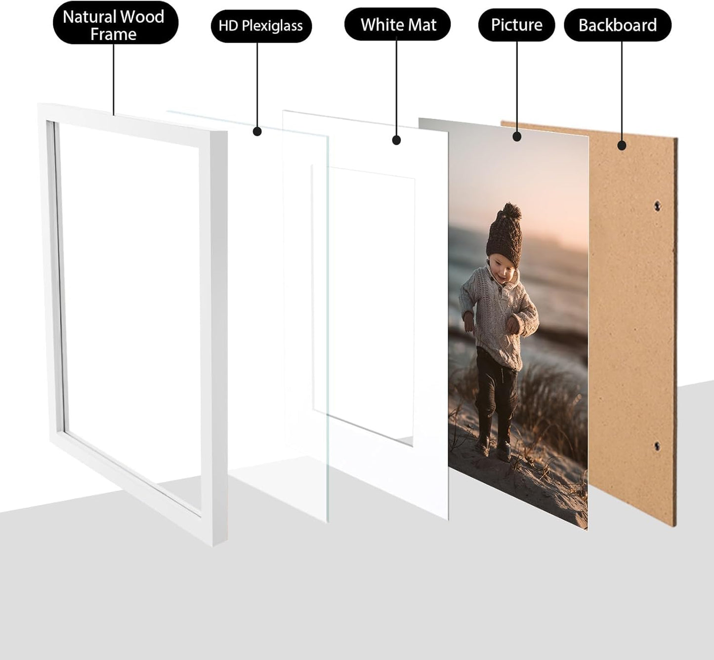 KINLINK 10x12 Picture Frame White, Solid Wood Frames with Acrylic Plexiglass for Pictures 7x9 with Mat or 10x12 without Mat, Tabletop and Wall Display Photo Frame, Set of 4
