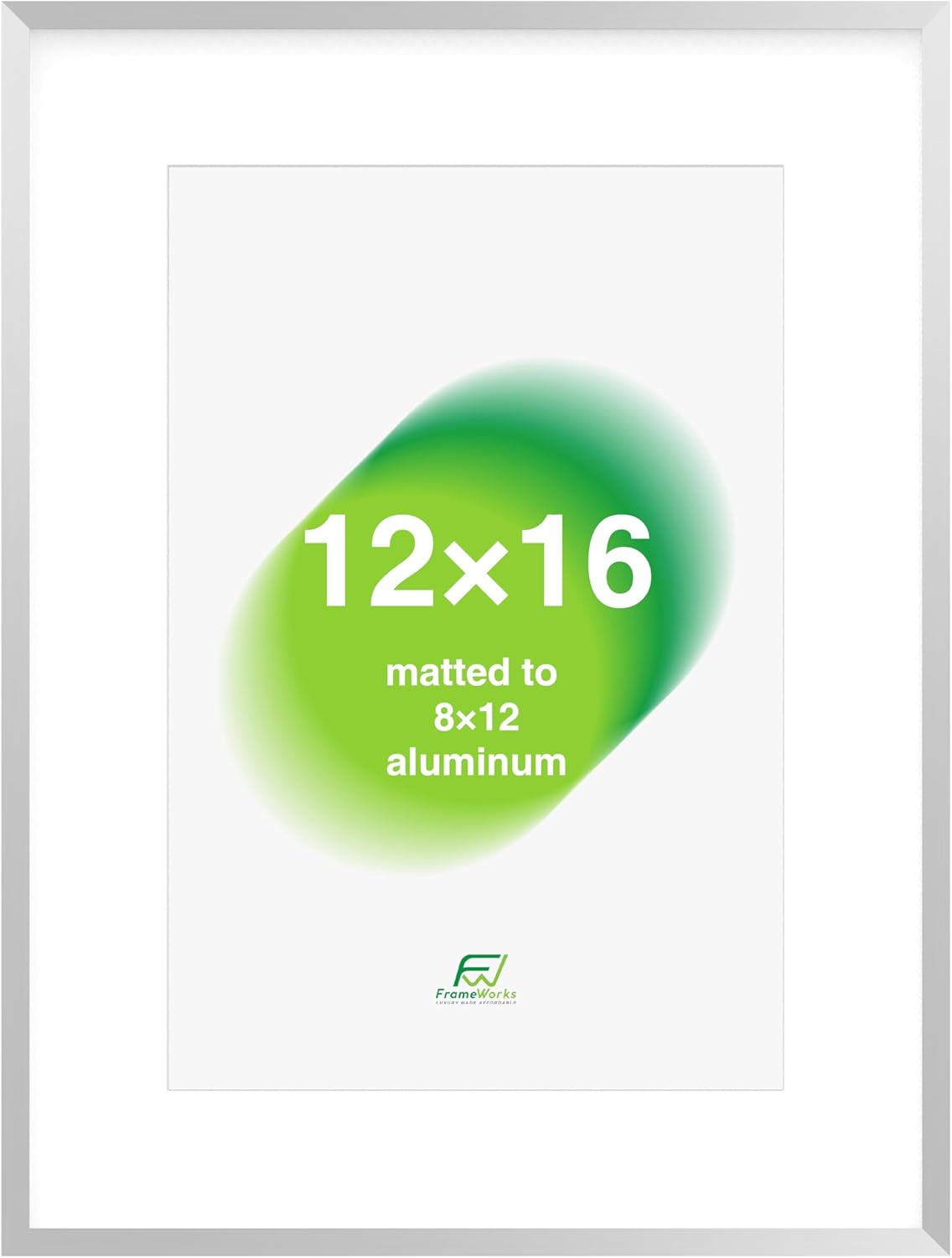 FrameWorks 12x16 Matted to 8x12 Picture Frame – Aluminum Frame w/Tempered Glass, Removable Mat for Photos, Posters, Art, Stylish Wall Frame for Home Decor, Gallery Walls, Office, Living Room - Silver