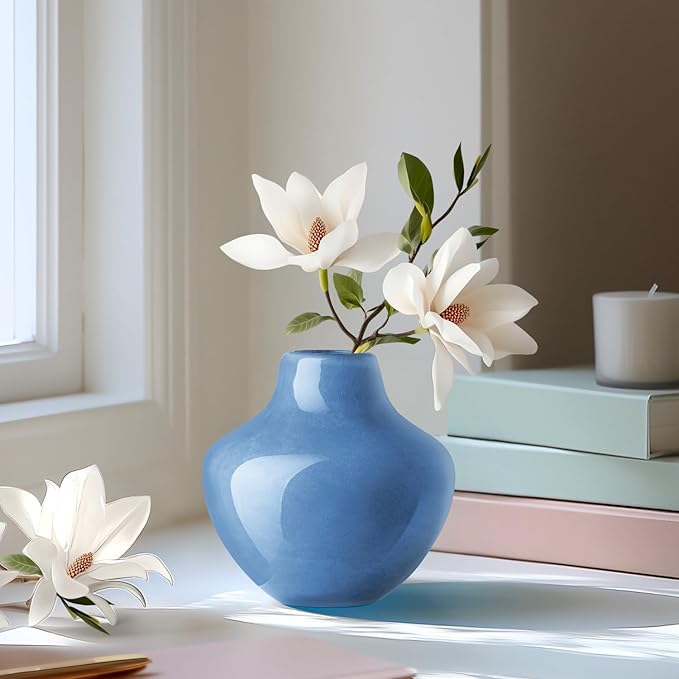 Torre & Tagus 4" Mouth Blown Art Glass Vase for Flowers - Opaque Blue Small Table Vase & Handmade Small Blue Accent for Coastal Home Decor, Neutral Bud Vases as Decorative Shelf Decor or Wedding