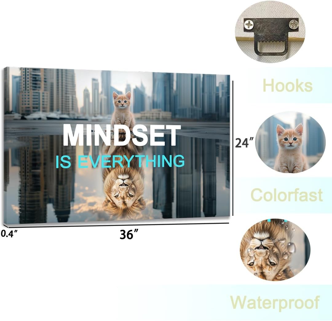 GoForArt Inspirational Canvas Wall Art, Mindset Is Everything Motivational Office Bedroom Poster Print, Animal Lion And Cat Picture Modern Positive Dorm Room Wall Decor