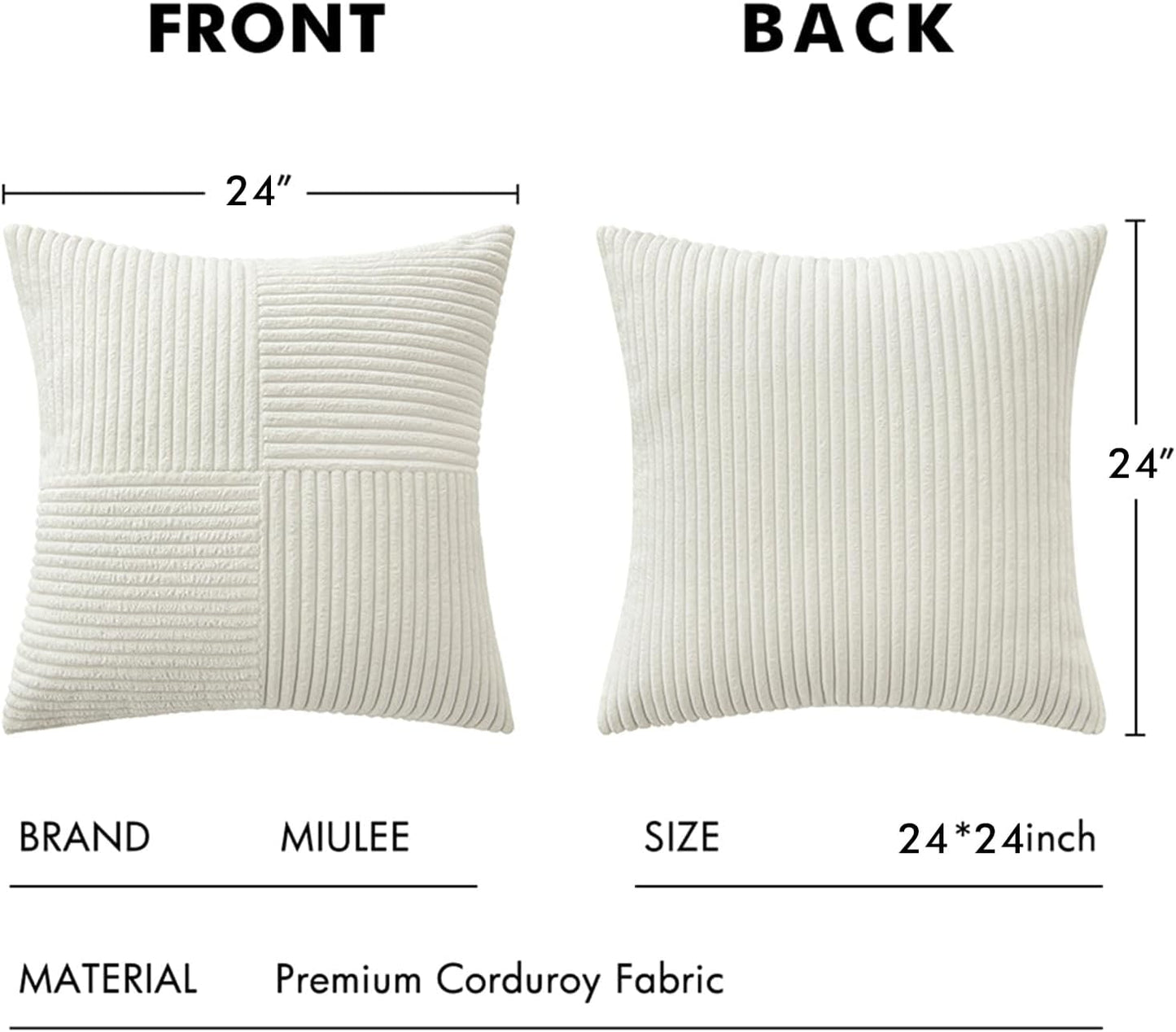 MIULEE 24x24 inch Euro White Corduroy Pillow Covers Pack of 2 Boho Decorative Spliced Throw Pillow Covers Soft Solid Couch Pillowcases Cross Patchwork Textured Cushion Covers for Living Room Bed Sofa