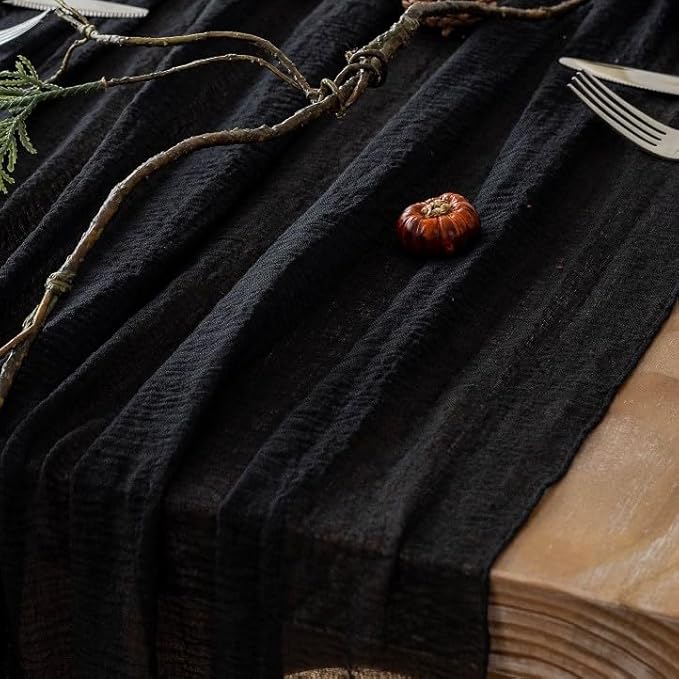 3pcs Halloween Table Runner Black Cheesecloth Gauze Rustic Premium Cotton Cheese Cloth Table Runner 120 Inch 10 FT for Wedding Bridal Baby Shower Long Sheer Boho Decorations