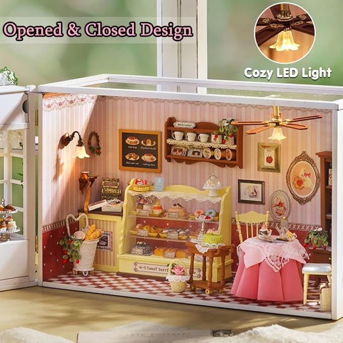 TuKIIE DIY Miniature Dollhouse Kit with Furniture, 1:24 Scale Creative Room Opened & Closed Wooden Doll House Plus Dust Proof & Music Movement for Kids Teens Adults(Sweet Berries Time)