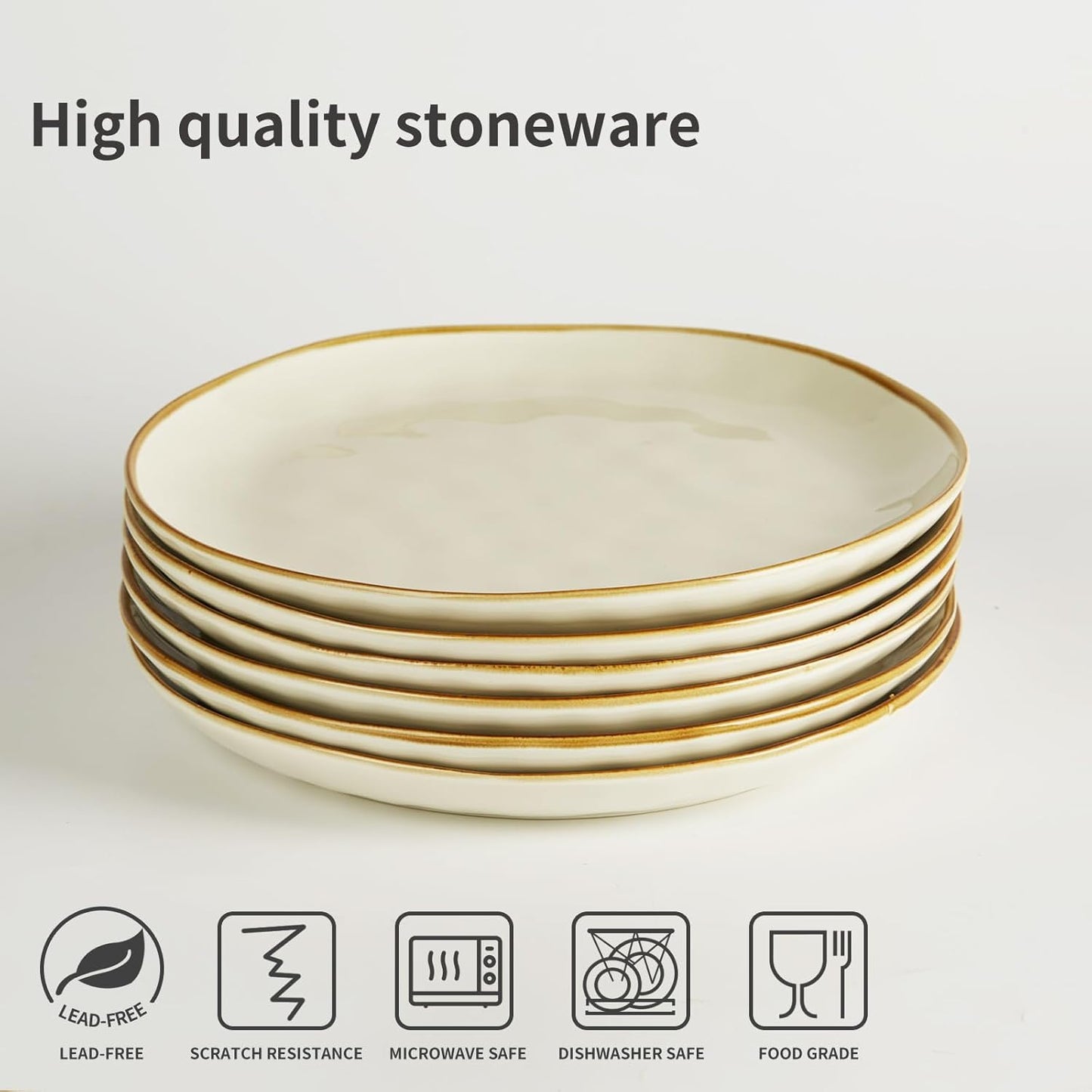 famiware Dinner Plates Set of 6, 10.25 inch Pasta Plate, Ocean Round Stoneware Dessert Plates Dish Set for Kitchen Microwave Dishwasher Safe, Scratch Resistant, Vanilla White