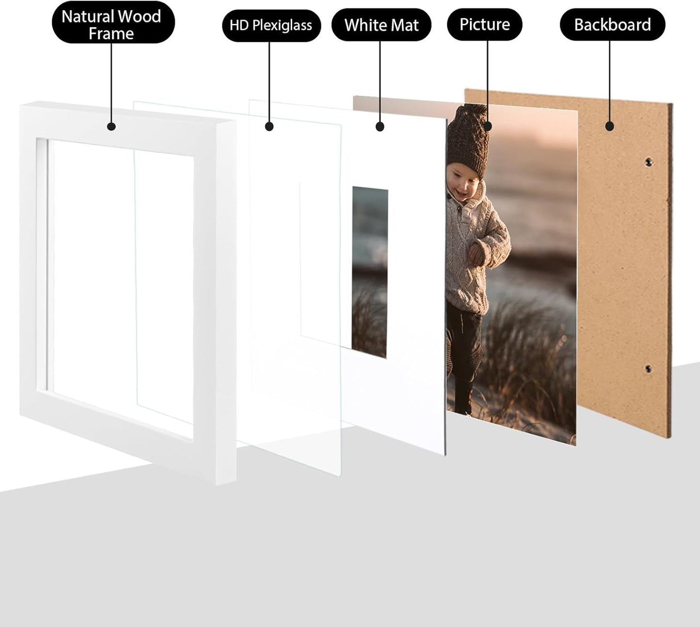 KINLINK 6x6 Picture Frame, White Square Solid Wood Frames for Pictures 4x4 with Mat or 6x6 without Mat, Wall and Tabletop Display Photo Frames White 4 Pack