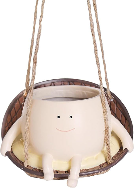 bestbear Hanging Swing Chair Planter Pot Resin Smiley Face Planter for Indoor Outdoor Plant Cute Head Flower Pots for String of Pearls Plant Live Unique IdeaI for Mother Day, Christmas (Small)