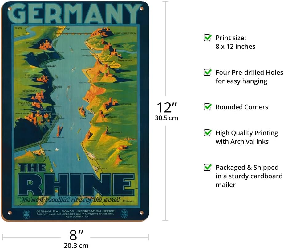 Germany - The Rhine - “The Most Beautiful River of the World” Walt Whitman - Vintage Travel Poster by Richard Friese c.1930s - 8 x 12 inch Vintage Wood Art Sign