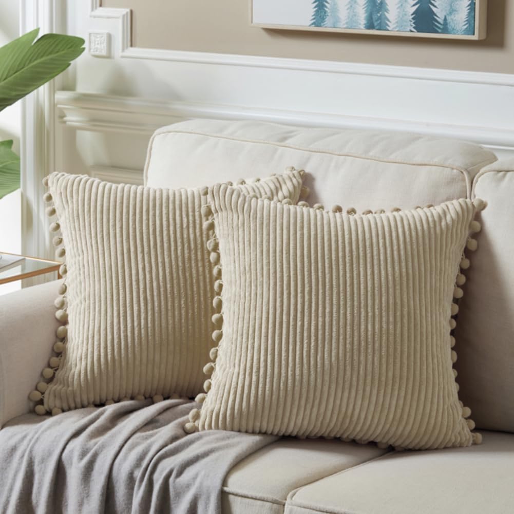 Fancy Homi Pack of 2 Tan Boho Decorative Throw Pillow Covers 18x18 with Pom-poms, Soft Corduroy Solid Square Cushion Cases Set for Living Room Couch Sofa Bedroom Car (18x18 Inch/45x45 cm, Khaki)