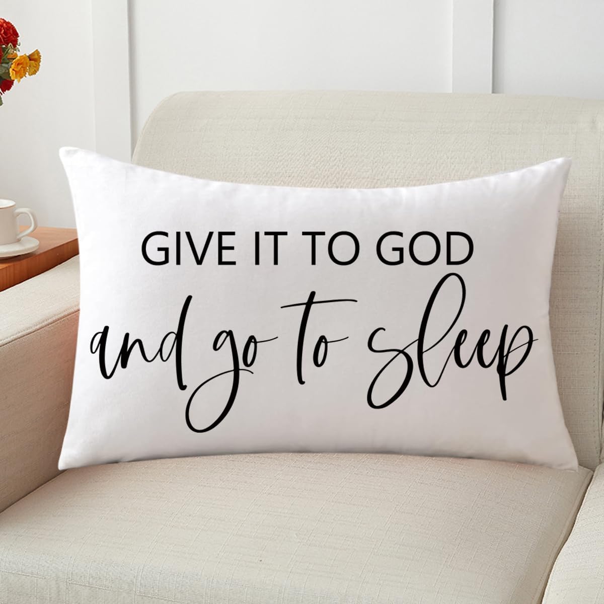 Bedding Decorative Pillowcases Reversible Give It to God and Go to Sleep Cushion Covers Sleep Themed Throw Pillow Covers 12''x20'' for Bedroom Guest Room Housewarming Gifts (White)
