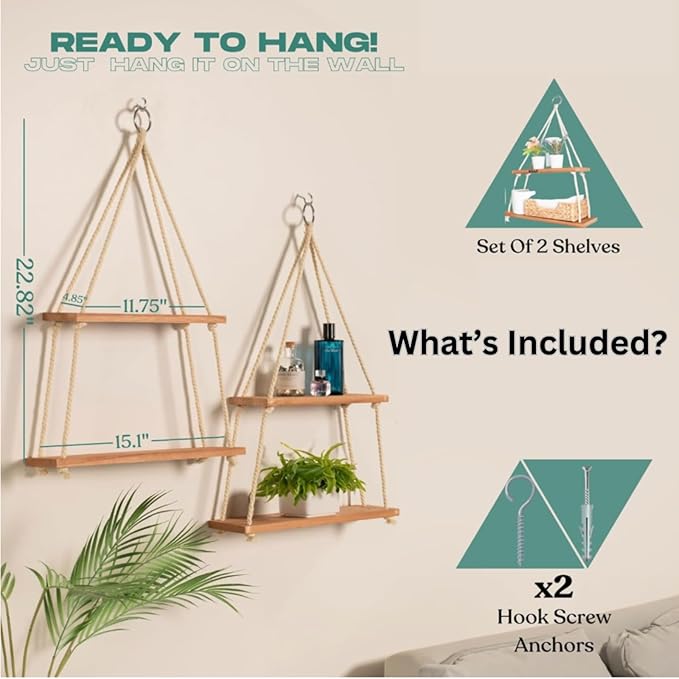 Hanging Shelves for Wall - Boho Room Decor Aesthetic - Hanging Plant Shelf Decor - Floating Shelves for Room Wall - Rope Shelves for Bedroom Aesthetic, Boho Decor Wall Hanging Shelves for Living Room