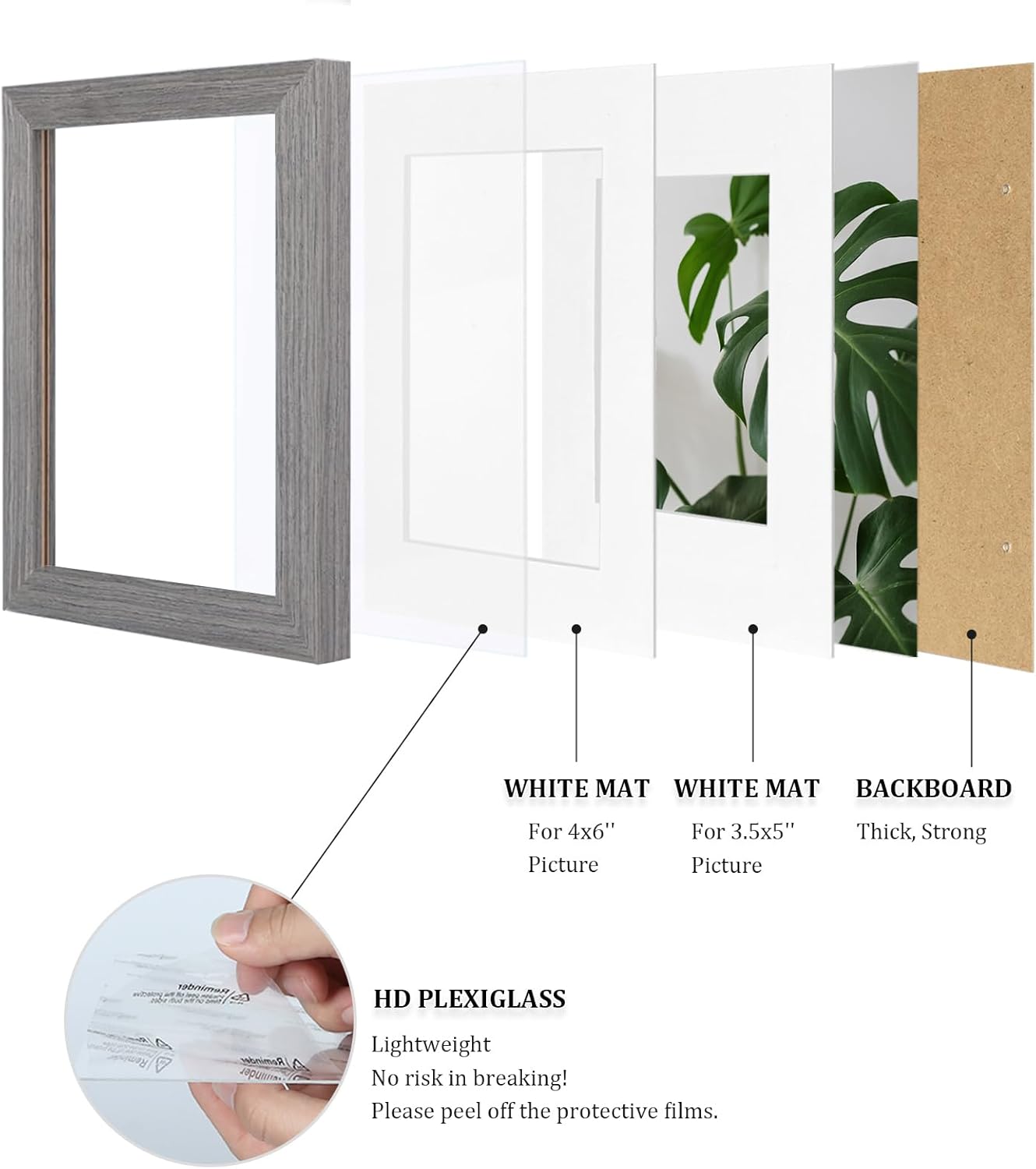 Egofine 4x6 Picture Frames Set of 4, Made of Solid Wood Covered by Plexiglass 3.5x5 with Mat or 4x6 without Mat, for Table Top Display and Wall Mounting Photo Frame Light Grey