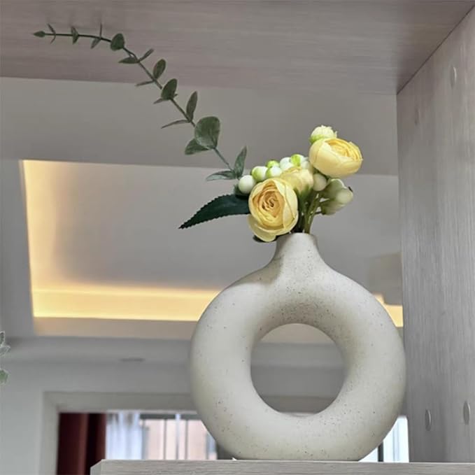 White Ceramic Vases Set of 3, Minimalist Nordic Modern Style, Round Donut Vase for Dried Flowers, Pampas Grass & Fresh Blooms,Boho Home Decor for Table Shelf Living Room Office (White)