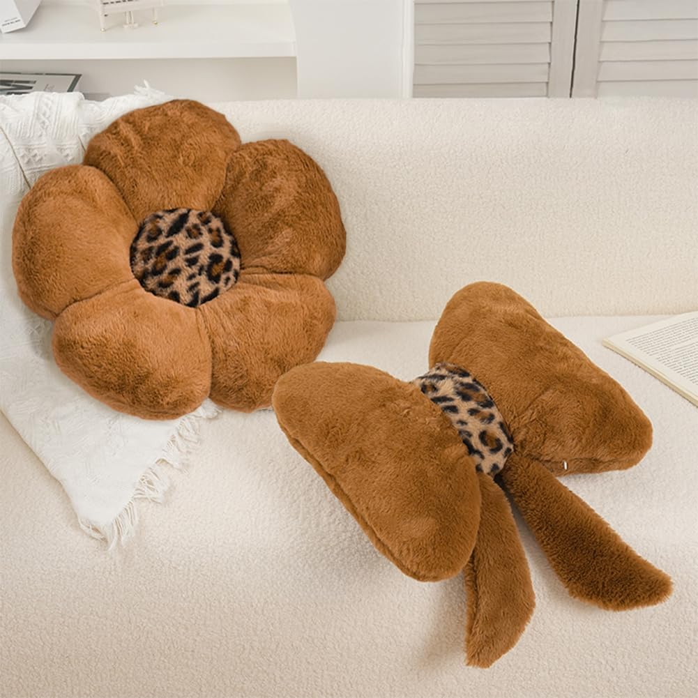 Leopard Print Bow Throw Pillows Cute Flower Plush Pillow Stuffed Bow Backrest Cushion Home & Car Decoration（2 Pack）