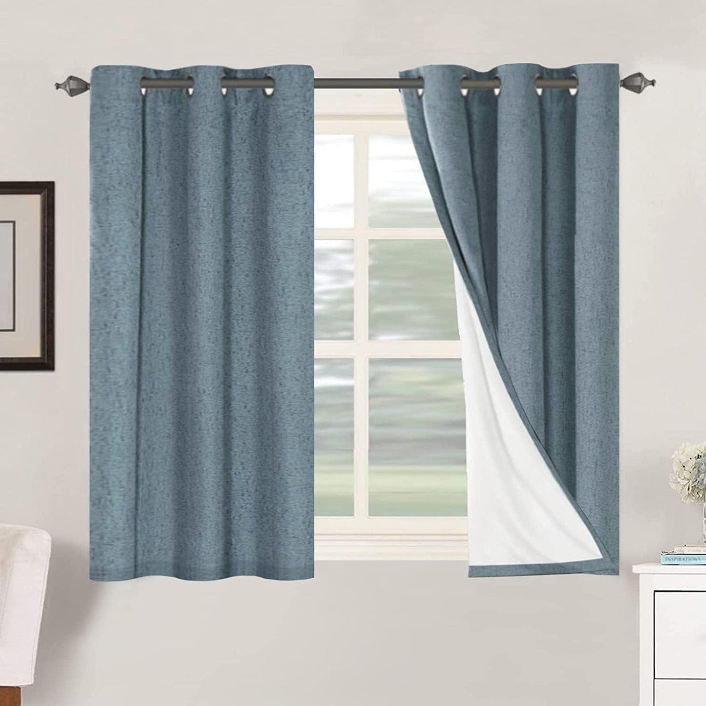 H.VERSAILTEX Primitive Linen Curtains 100% Blackout Curtain Drapes Burlap Curtains with White Thermal Insulated Liner, Grommet Top Drapes Living Room/Bedroom (2 Panels, 42 x 45 Inch, Stone Blue)