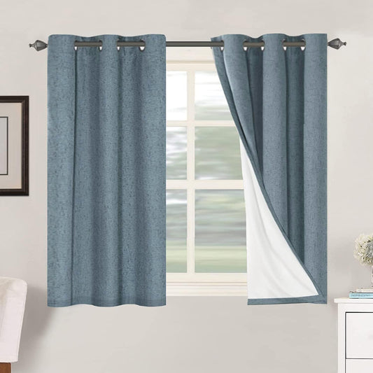 H.VERSAILTEX Primitive Linen Curtains 100% Blackout Curtain Drapes Burlap Curtains with White Thermal Insulated Liner, Grommet Top Drapes Living Room/Bedroom (2 Panels, 42 x 45 Inch, Stone Blue)