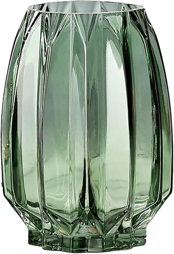 Green Glass Vase Modern Ribbed for Flowers, Candles, and Decorative Accents - Tall/Short Glass Vase for Centerpieces Home Table Decor(Green H8.0inch)