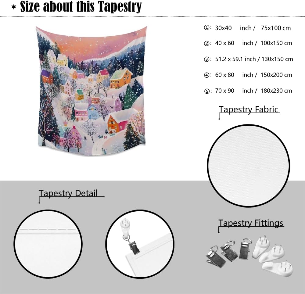 Medpol Vintage Christmas Wall Tapestry Christmas Landscape Tapestry Winter Scene Pictures Wall Hanging Country Town Tapestries for Living Room Dorm Home 50x60inch