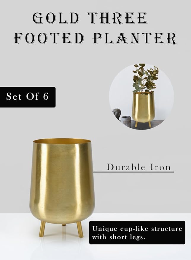 Serene Spaces Living 8" Gold Three Footed Planter, Stylish Iron Cachepot for Succulents, Cacti, Herbs, Mid-Century Inspired Indoor/Outdoor Pot, Living Room, Kitchen, Office, Made in India, Pack of 6