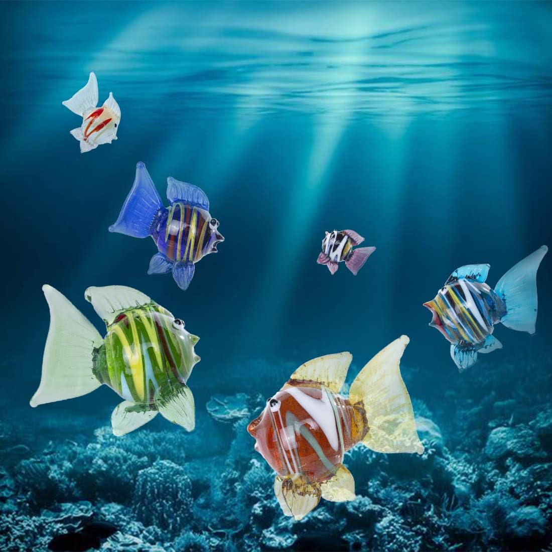 HDCRYSTALGIFTS Miniature Hand Blown Tropical Fish Figurine Art Glass Sea Animals Collection,Set of 6