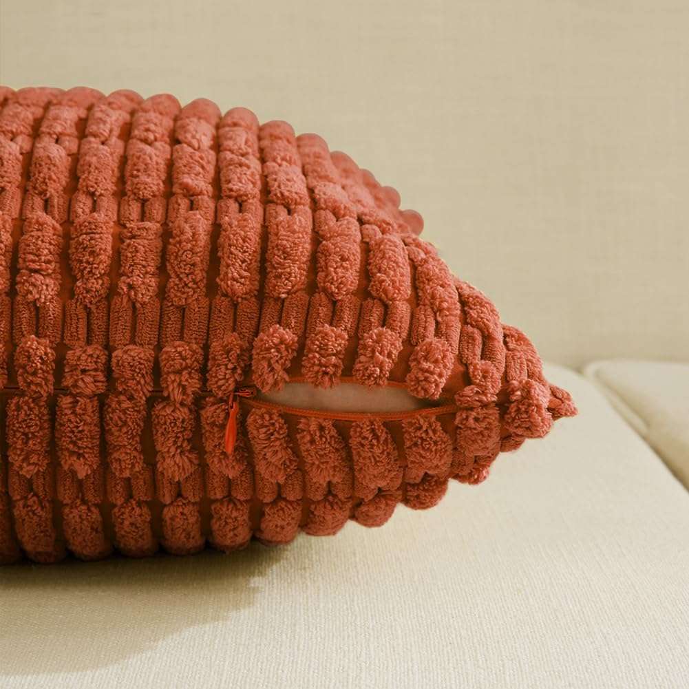Fancy Homi Set of 4 Burnt Orange Fall Decorative Throw Pillow Covers 16x16 Inch for Couch Bed Chair, Modern Farmhouse Boho Room Decor, Soft Fuzzy Corduroy Textured Striped Cushion Case 40cm