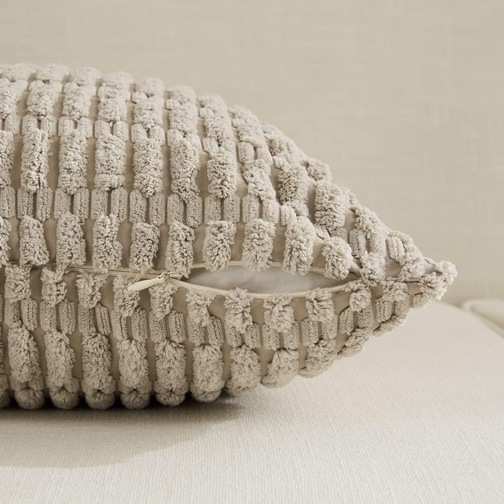 Fancy Homi Taupe Decorative Throw Pillow Covers 14x24 Inch for Living Room Couch Bed Sofa, Rustic Farmhouse Boho Home Decor, Soft Striped Corduroy Square Cushion Case 35x60 cm