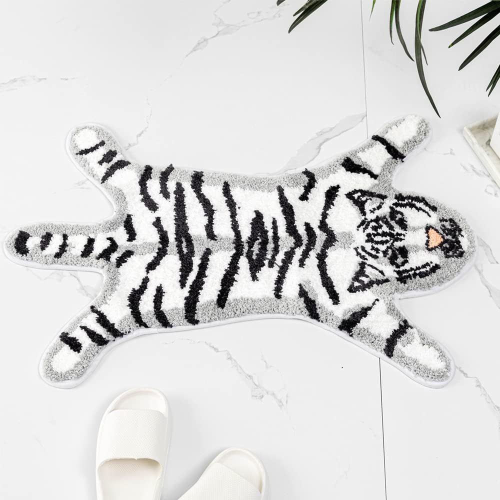 Funny Tiger Bath Mat for Bathroom, Cute White Tiger Cartoon Bath Rugs Non Slip Animal Shaped Absorbent Preppy Small Bathtub Rug Bathroom Decor Aesthetic Plush Shower Rugs Machine Washable