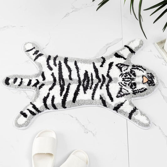 Funny Tiger Bath Mat for Bathroom, Cute White Tiger Cartoon Bath Rugs Non Slip Animal Shaped Absorbent Preppy Small Bathtub Rug Bathroom Decor Aesthetic Plush Shower Rugs Machine Washable