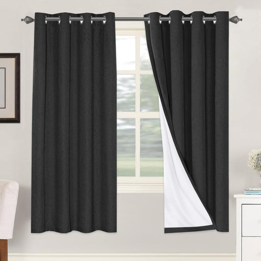 H.VERSAILTEX 100% Blackout Curtains for Bedroom Thermal Insulated Linen Textured Curtains Heat and Full Light Blocking Drapes Living Room Curtains 2 Panel Sets, Black, 52x72 Inch