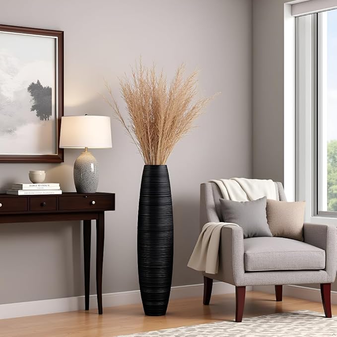 Tall Floor Vase, 27.5 inches (70cm, 2.3FT) Floor Vase Sturdy, Luxury, Textured for Decorative Branches Dried Flowers, Tall Vases for Rustic Living Room, Home Decor, Resin Black Vases