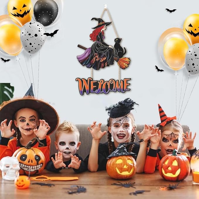 Witch Halloween Decoration,Witch And Black Cat Door Hanging,Witches On Broom Door Hanger,Halloween Welcome Wall Sign,Witches Broom Wooden Sign,Black Cat Wall Plaque for Porch Yard Home Bedroom