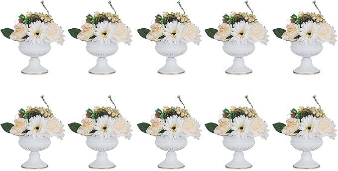 Nuptio Pcs of 10 Mini Sized Metal Urn Planter Elegant Wedding Centerpieces Vase for Wedding Party Decoration, 12.6cm/4.96" Tall Trumpet Vase Flower Holder for Anniversary Ceremony, White