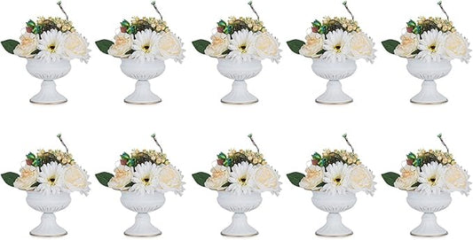 Nuptio Pcs of 10 Mini Sized Metal Urn Planter Elegant Wedding Centerpieces Vase for Wedding Party Decoration, 12.6cm/4.96" Tall Trumpet Vase Flower Holder for Anniversary Ceremony, White
