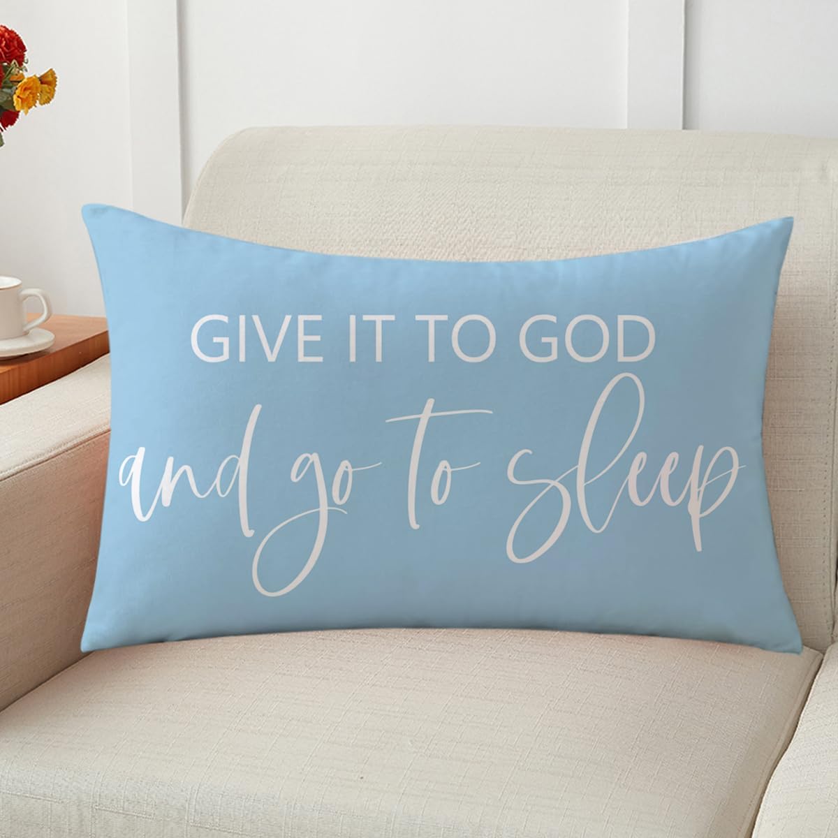 Bedding Decorative Pillowcases Reversible Give It to God and Go to Sleep Cushion Covers Sleep Themed Throw Pillow Covers 12''x20'' for Bedroom Guest Room Housewarming Gifts (Light Blue)