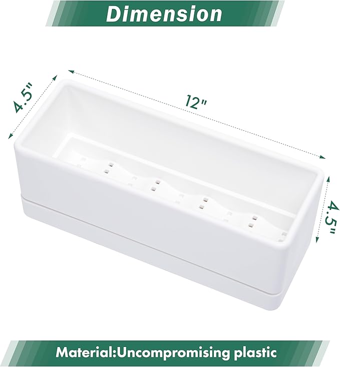 D'vine Dev 12 Inch Window Box Planter, Rectangle Plastic Herb Planter with Drainage Holes and Saucer, Indoor Succulent Cactus Vegetable Pot for Windowsill, Garden Balcony, White, Set of 2, 76-X-A-2