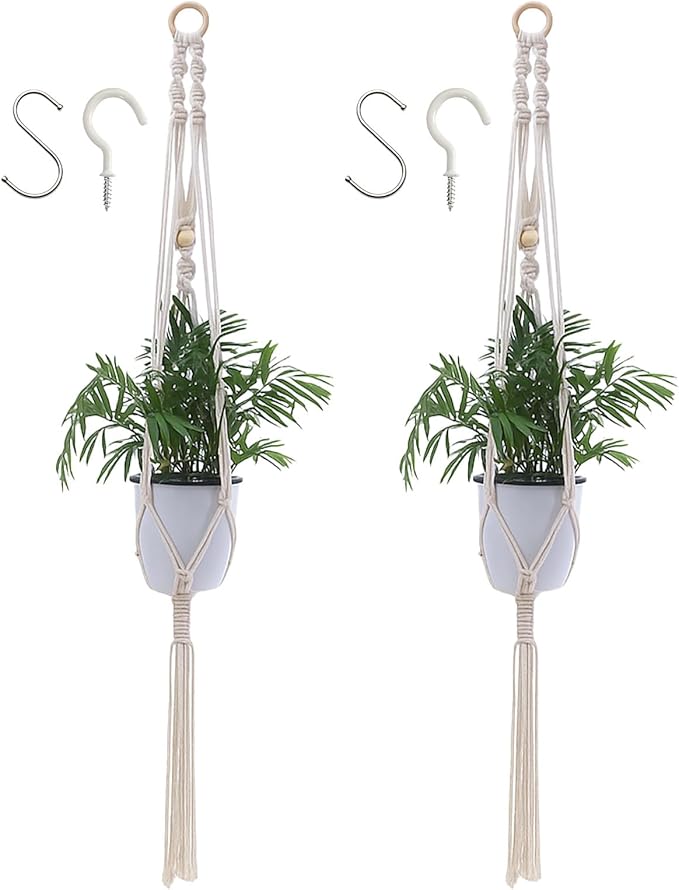 2Pcs 40inch Macrame Plant Hanger with 4 Hooks,Indoor Outdoor Hanging Planter for Plants Holder, Boho Home Decor Ivory