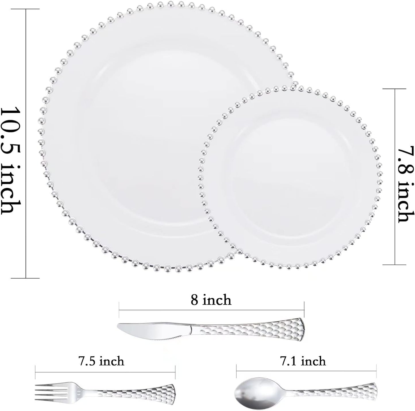 HOMIP 75Pcs Fancy Disposable Dinnerware Party Set, 15 Dinner Plates 15 Dessert Plates with Silver Bead Rimed, 15 Silver Spoons, 15 Knives, 15 Forks, Plastic Silverware for Wedding Birthday Party