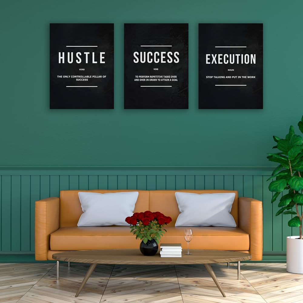 Inspirational Wall Poster Hustle Poster Success Goal Artwork Entrepreneur Quote Painting Motivational Office Wall Decor Art for Bedroom Living Room Home Decoration Framed 20inch x28inch x3pieces