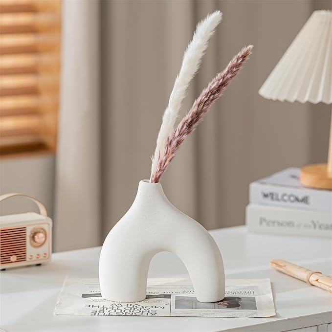 White Ceramic Vases Set of 3, Minimalist Nordic Modern Style, Round Donut Vase for Dried Flowers, Pampas Grass & Fresh Blooms,Boho Home Decor for Table Shelf Living Room Office (White)