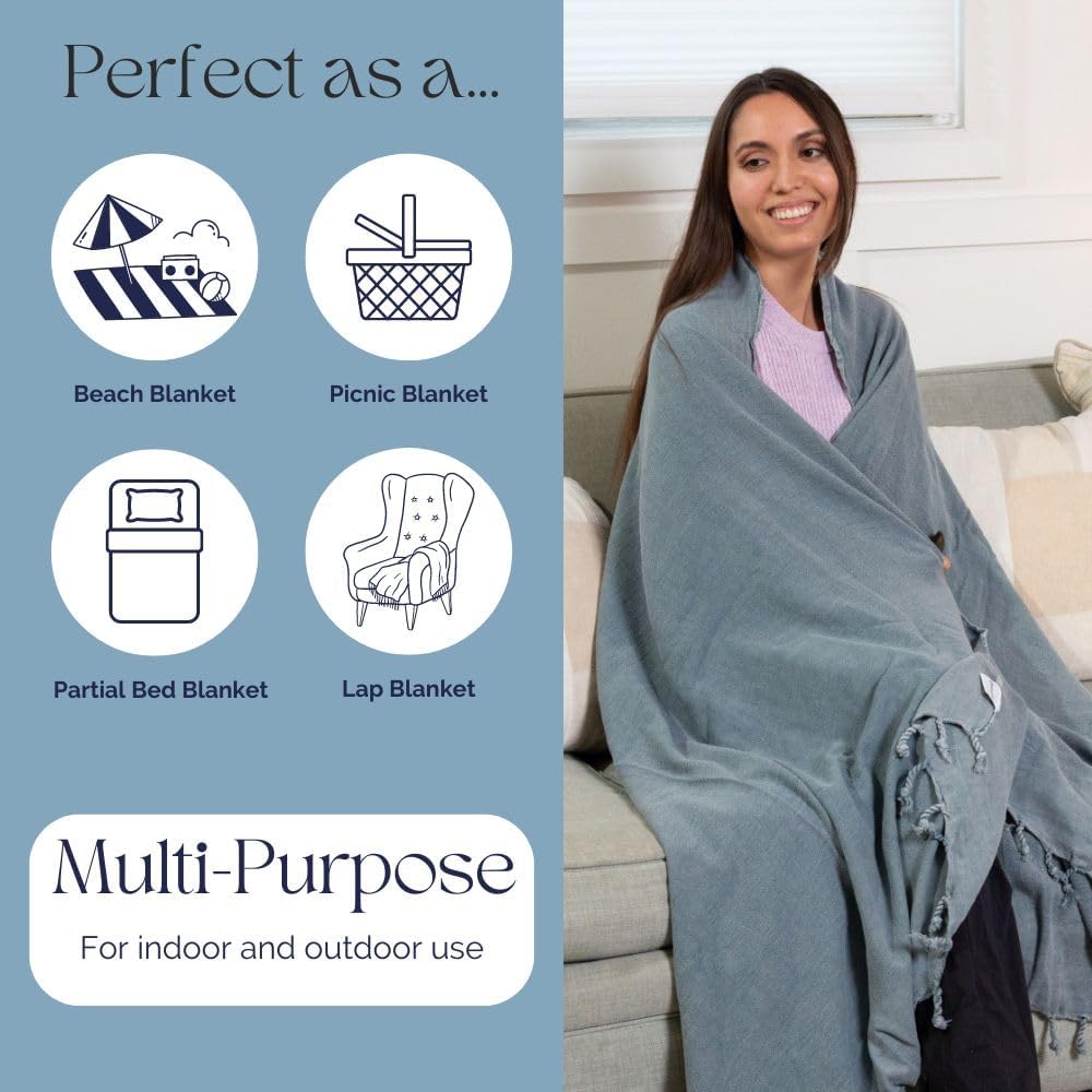 InfuseZen Stonewashed Turkish Throw Blanket - 100% Organic Turkish Cotton - 80" x 48" - Soft, Lightweight, Cozy - for Love Seat, Sofa, Picnic, Yoga - Sand Free Absorbent Beach Blanket - Denim