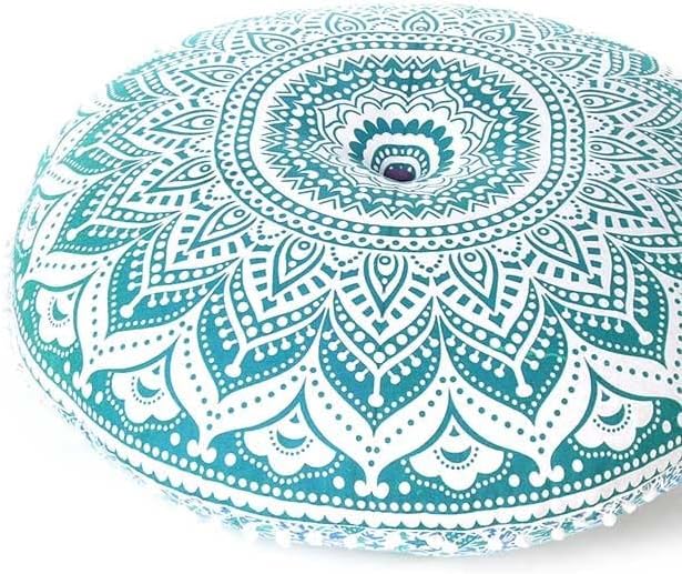 Eyes of India - 32" Green White Round Colorful Floor Patchwork Pillow Cover Meditation Cushion Seating Throw Mandala Hippie Bohemian Accent Boho Chic Dog Bed Indian Handmade Cover ONLY
