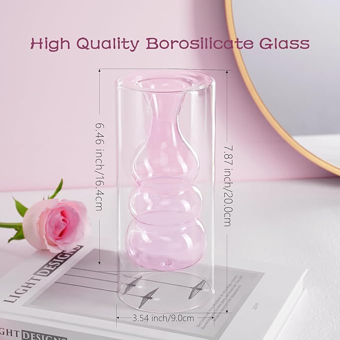 ZENS Modern Pink Glass Vase, Hand Blown Hollowed Out Bubble Decorative Glass Flower Vases for Wedding Decor Home Small Bouquet.