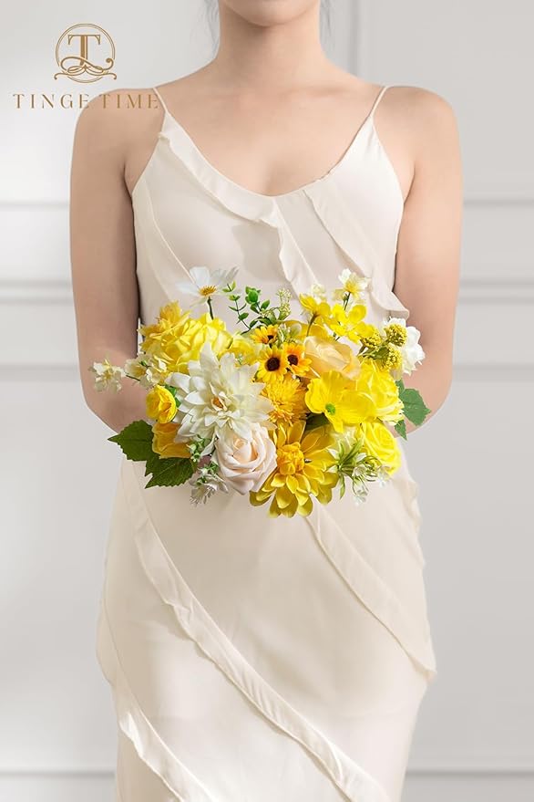 TINGE TIME Fake Flowers Artificial Flowers Peonies Bulbous Chrysanthemum Daisy Hydrangea Sunflower Violets Dahlia Daffodils Epiphyllum Orchid Cherry Blossom Camellia Leyaron (Yellow)