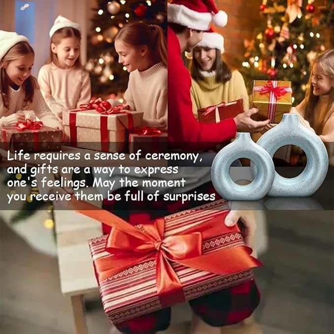 Set of 2 Donut Hollow Ceramic Vase Handmade Minimalist Boho ins Style, Modern Vase for Home Decor for Wedding Dinner Table Party Living Room Office Bedroom (Blue-Gold, Extra Large + Large)