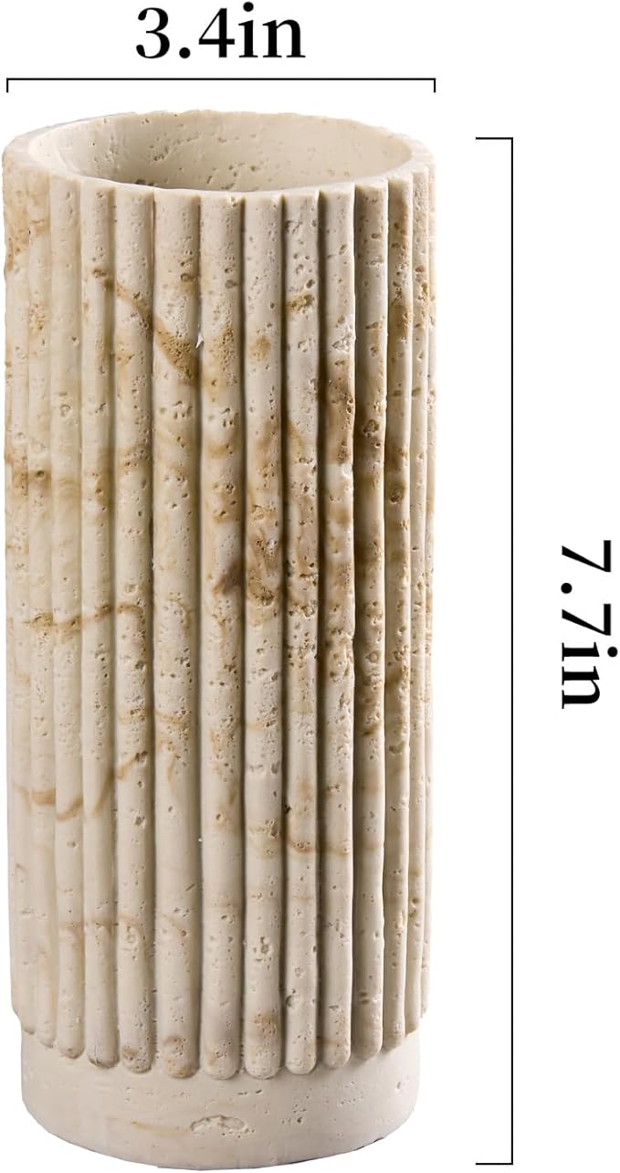 Cylinder Vase 8 Inch - Natural Travertine Textured Ribbed Resin Vase for Pampas Grass, Flowers, Home Decor | Decorative Centerpiece for Entryway, Countertop, Nightstand | Housewarming Gift (Beige)