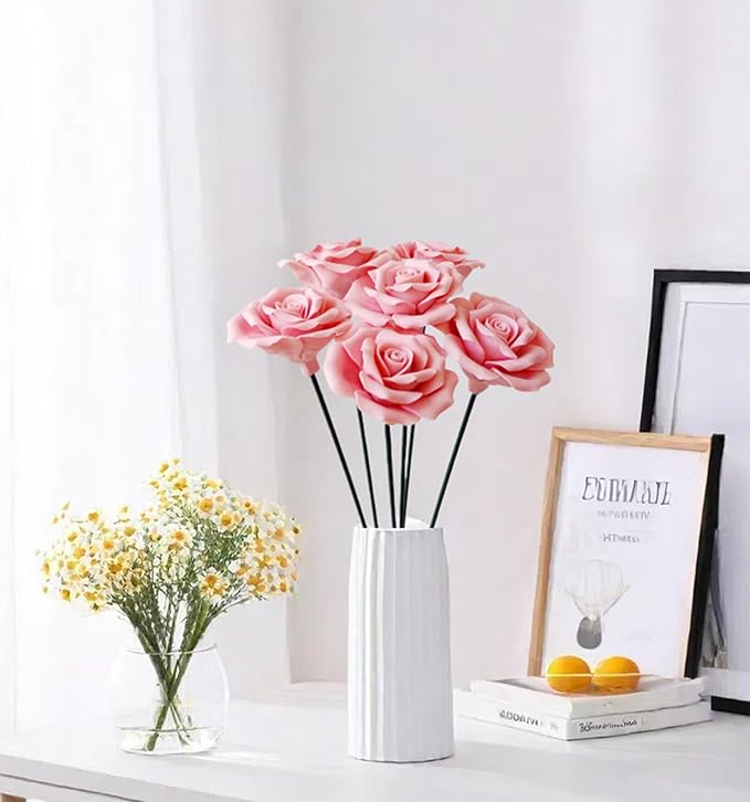 6 pcs Handmade Ceramic Roses,Featuring Vibrant Colors and Intricate Petal Details Floral Decorations Wedding Decoration Christmas Decor Gift Providing Long-Lasting Beauty (Pink)