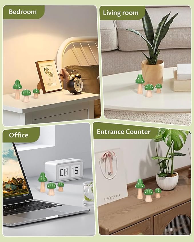 3Pcs Mushroom Decor Wooden Mini Figures Fairy Garden Accessories 2.9in 1.8in 1.2in Cute Miniature Mushrooms Home Decor for Bedroom Office Bonsai Fairy Garden Green