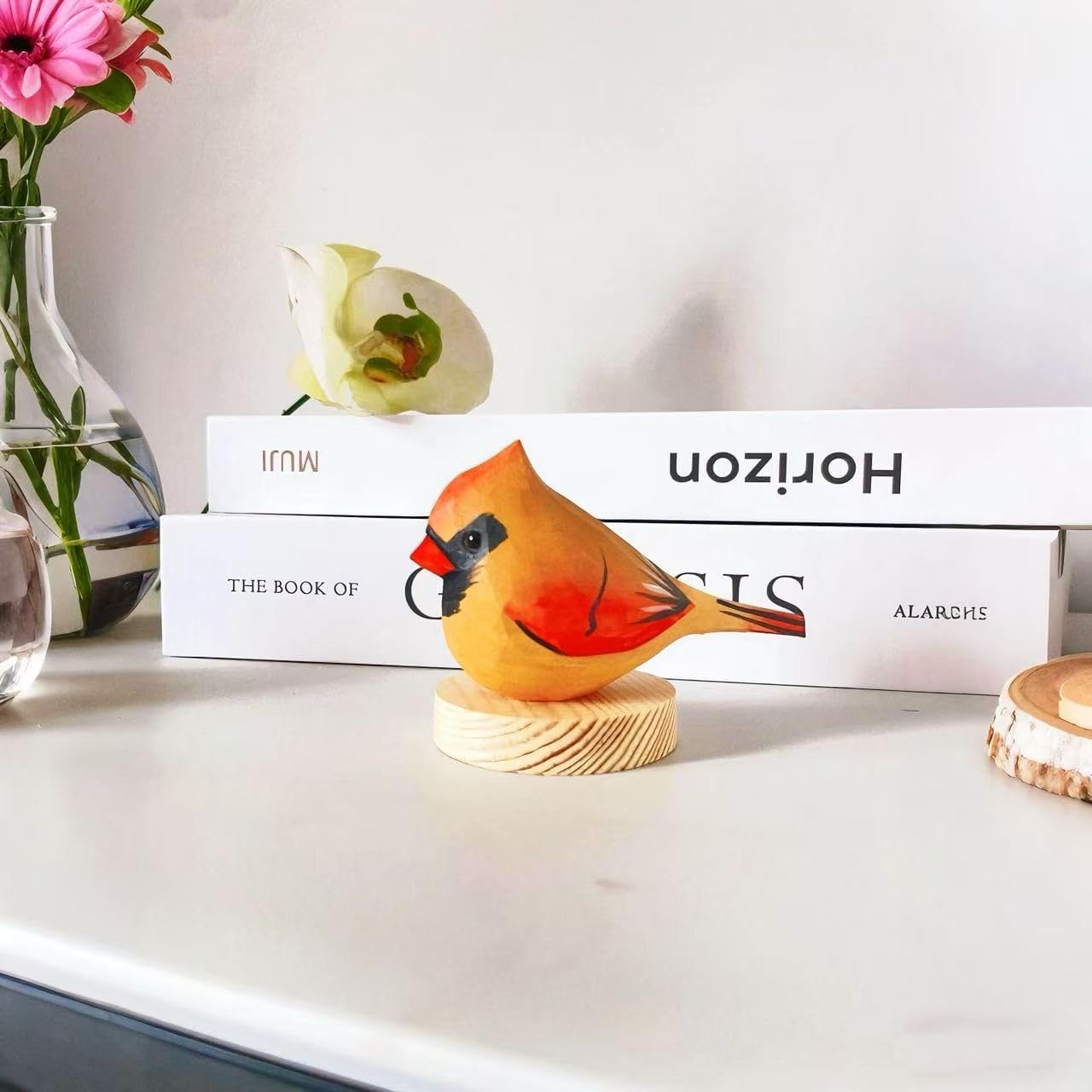 Handmade Wooden Northern Cardinal Figurines Set, Hand-Painted Female Cardinal Birds on Base - Home Decor, Christmas Ornaments, Unique Gift for Bird Lovers & Craft Enthusiasts