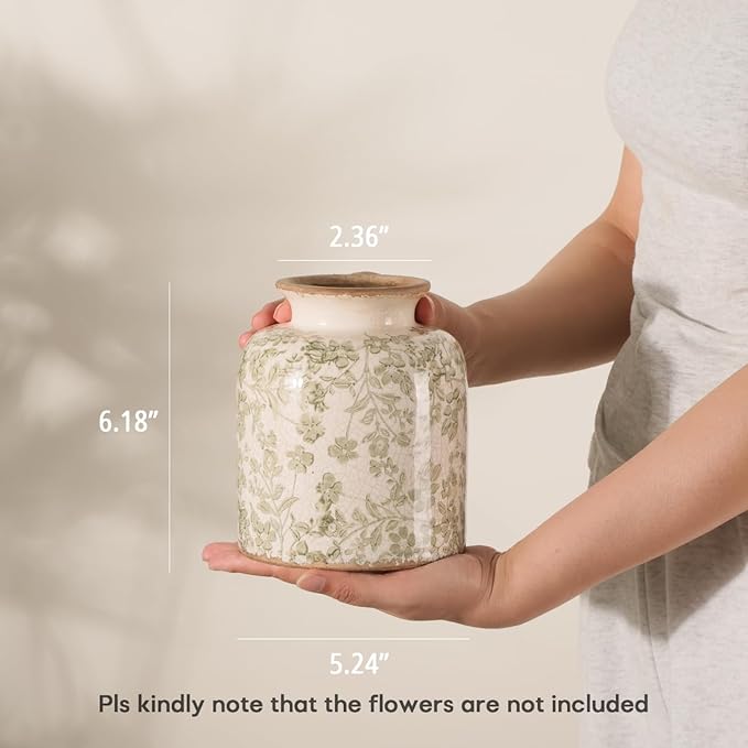 Vintage Floral Chinoiserie Ceramic Vase, 6.2” Ice Cracked Hand-Painted Pastel Green Botanical Design, Antique Style Home Decor (Green, 6.2”x5.2”)