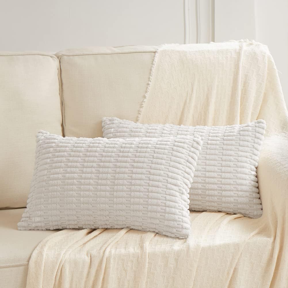 Fancy Homi 4 Packs Pure White Decorative Throw Pillow Covers 14x24 Inch for Living Room Couch Bed, Rustic Modern Farmhouse Boho Home Decor, Soft Plush Corduroy Cute Accent Square Cushion Case 35x60 cm
